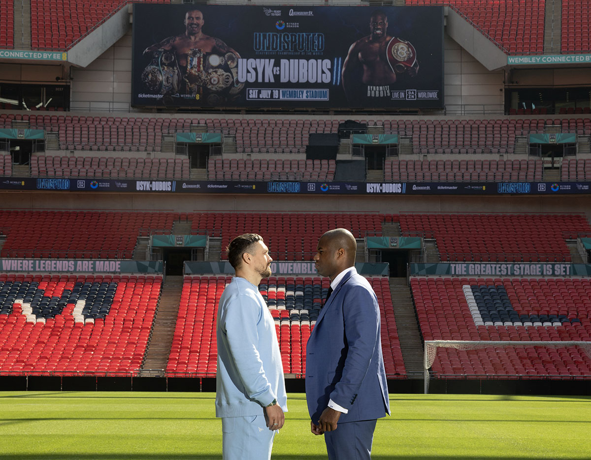 Oleksandr Usyk and Daniel Dubois pose at Wembley Stadium which should be a sellout on July 19 fight for the WBA, WBC, WBO, and IBF heavyweight belts. Photo: Richard Pelham, Queensberry Promotions