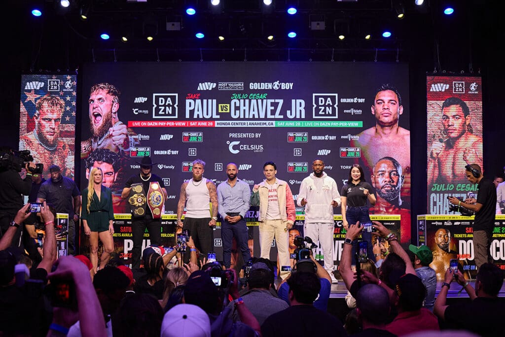 (L to R) Holly Holm Gilberto Ramirez, Jake Paul, Nakisa Badarian, Julio Cesar Chavez Jr. Yuniel Dorticos, Yolanda Vega. Photo: Esther Lin, Most Valuable Promotions 