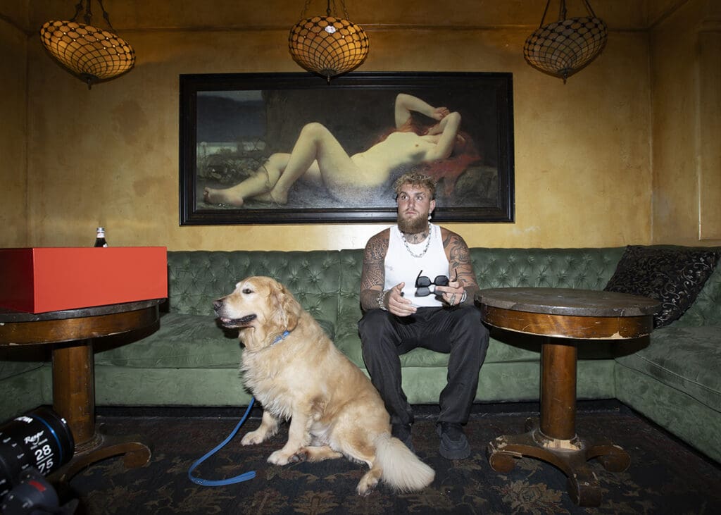Jake Paul backstage at the Avalon Hollywood Theater with his golden retriever Thor, who was a good boy Wednesday. Photo: Esther Lin, Most Valuable Promotions