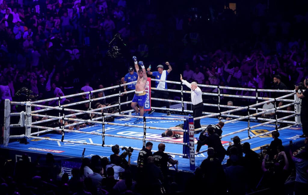 Dave Allen celebrates as referee Marcus McDonald signals the end of the fight. Photo: Dave Thompson, Matchroom Boxing. 
