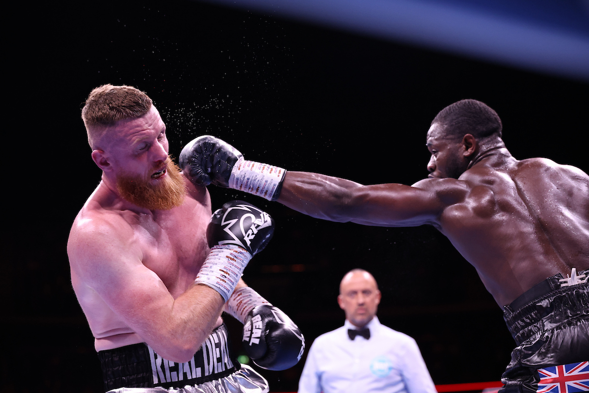 It was a left hook that ended the fight for Aloys Junior. Photo: Leigh Dawney/Queensberry. Josh Taylor Ekow Essuman