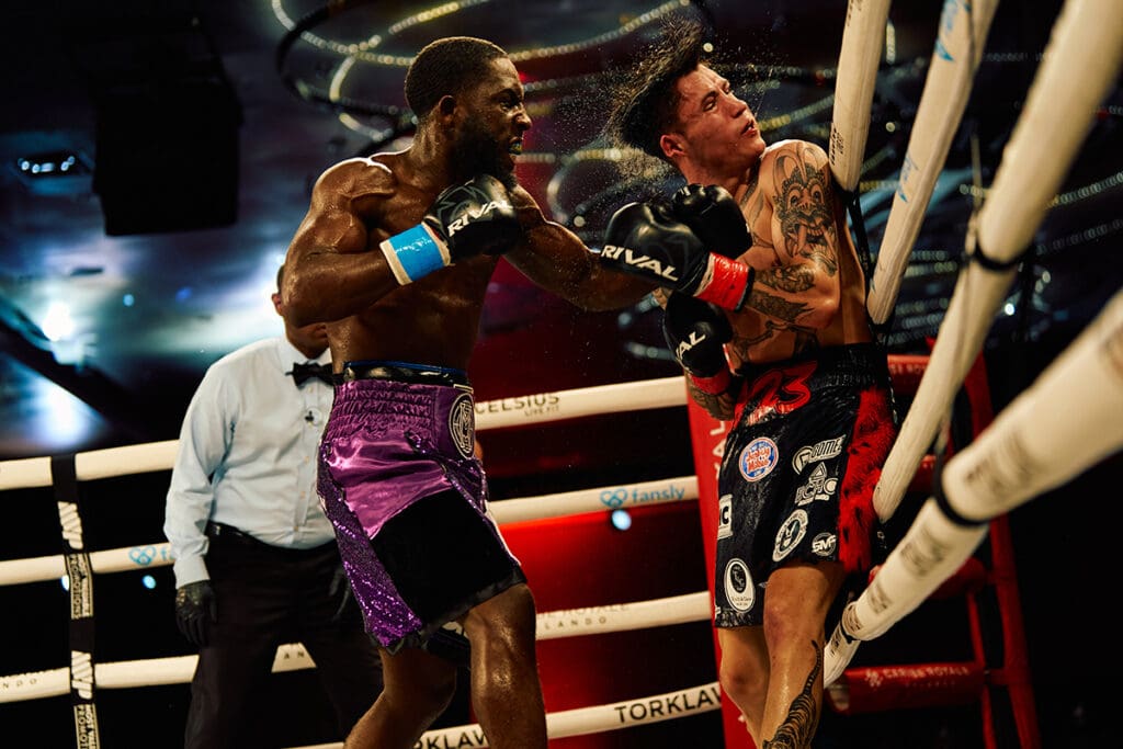 Corey Marksman was true to his name, pushing back Tayden Beltran and getting the TKO win. Photo: Harry Aaron, Most Valuable Promotions