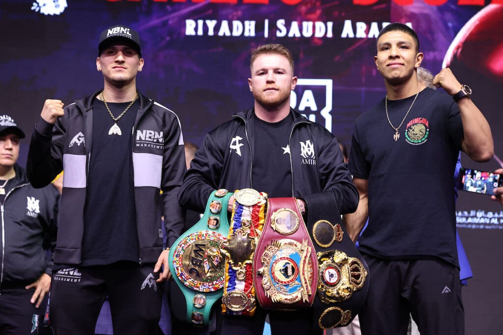 Canelo Álvarez would like to add one more belt to his collection with a victory over William Scull early Sunday in Riyadh, Saudi Arabia. Photo: Leigh Dawney/Queensberry Canelo vs Scull