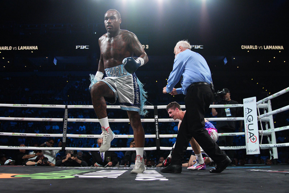 Jermall Charlo high stepped to the neutral corner after the first of three knockdowns against Thomas LaManna. Photo: Ryan Hafey, Premier Boxing Champions