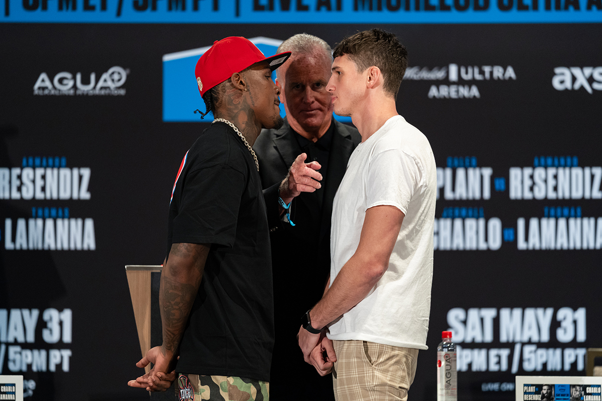 Promoter Tom Brown had to step in to put a little space between Jermall Charlo and Thomas LaManna. Photo: Ryan Hafey, Premier Boxing Champions