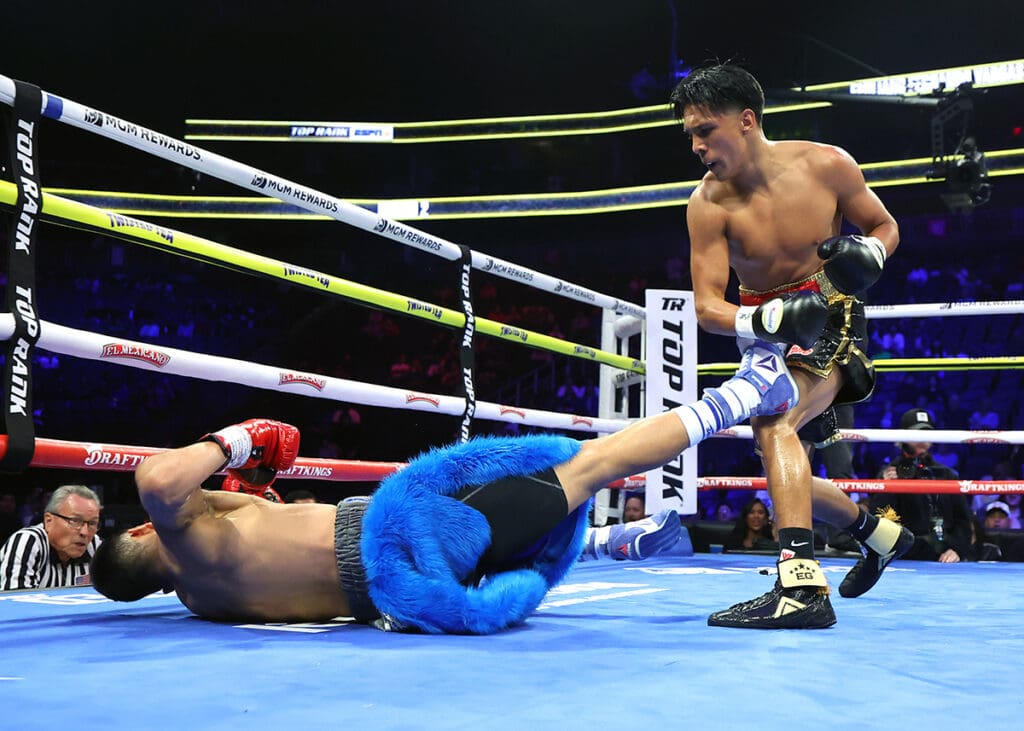 The force of a left hook after two crisp right hands to the temple ended the night. Photo: Mikey Williams, Top Rank Boxing Naoya Inoue