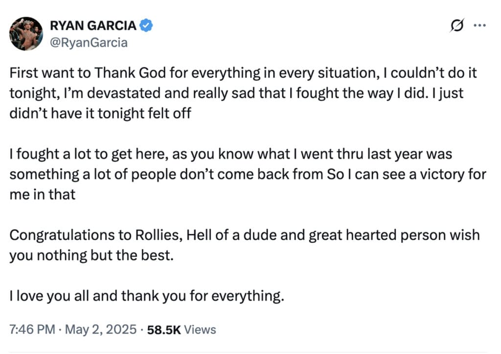 The reality of the loss hit Ryan Garcia after he left the ring. Photo: X/Twitter Romero