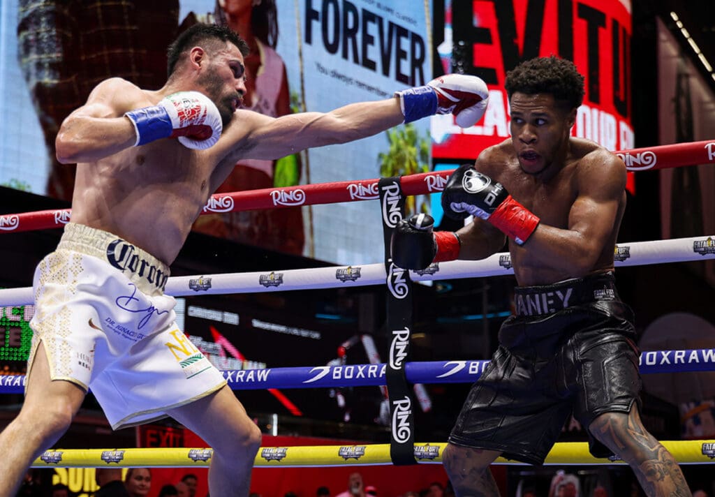 Although he dominated the scorecards, it was a rough outing for Devin Haney. Photo: Cris Esqueda, Golden Boy Boxing