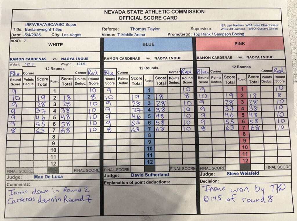 The scorecard for Inoue vs Cardenas at the time of the stoppage in round eight.