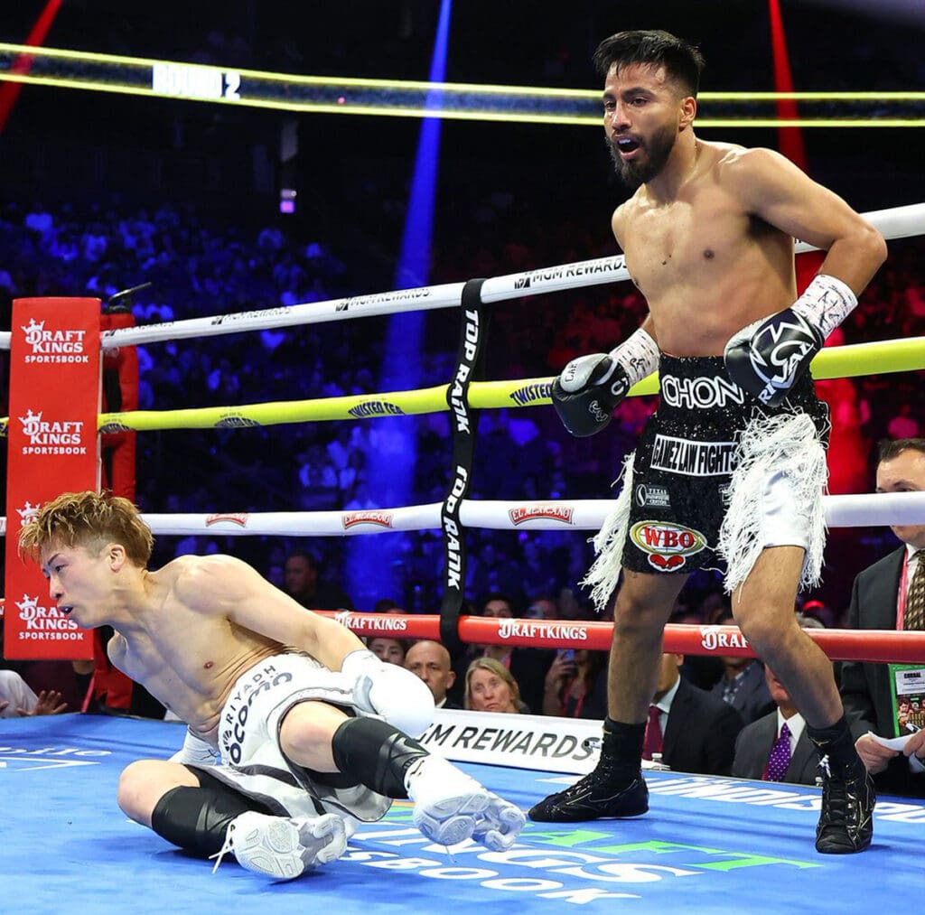 Naoya Inoue took a hard right hook to the chin for a knockdown by Ramon Cardenas. Photo: Mikey Williams, Top Rank Boxing