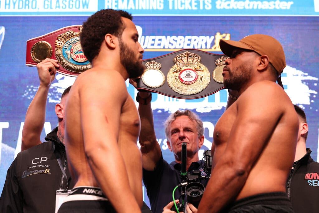 Moses Itauma faces off with American Mike Balogun. Photo: Leigh Dawney/Queensberry.