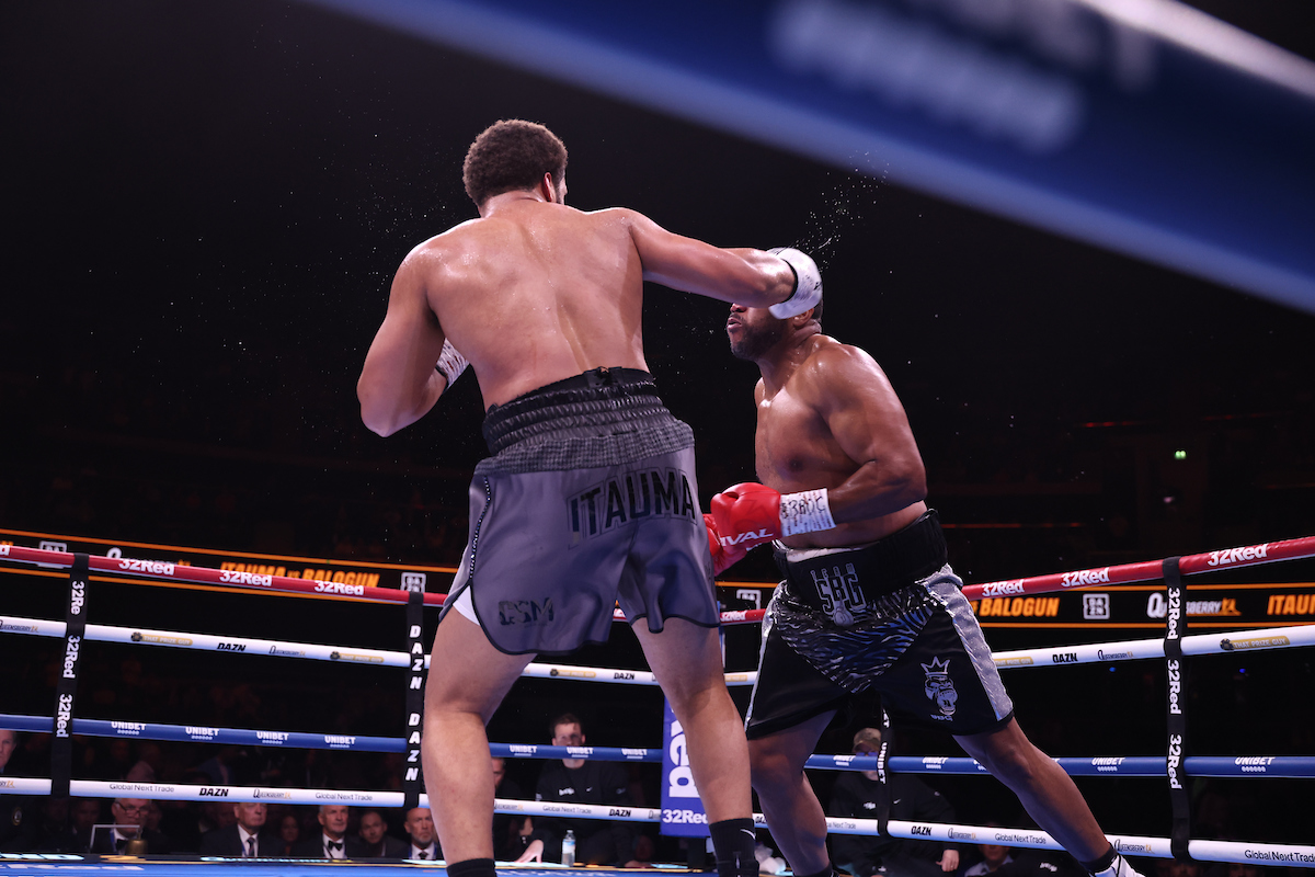 Mike Balogun was brave, but couldn't stand up to Moses Itauma's speed and power. Photo: Leigh Dawney/Queensberry.