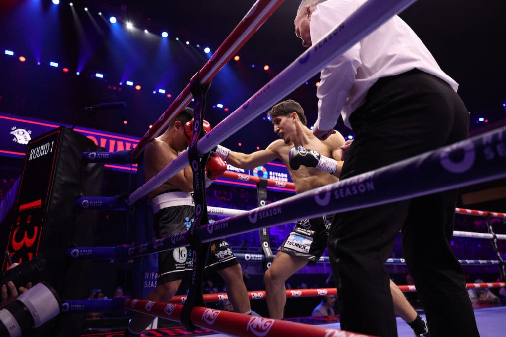 Mexican Olympian Marco Verde won his pro debut with a TKO win. Photo: Leigh Dawney/Queensberry Canelo vs Scull