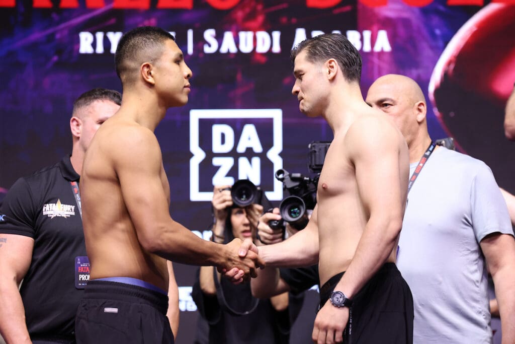 Jaime Munguia shows Bruno Serace his respect after their final face off in Riyadh, Saudi Arabia. Photo: Leigh Dawney/Queensberry
