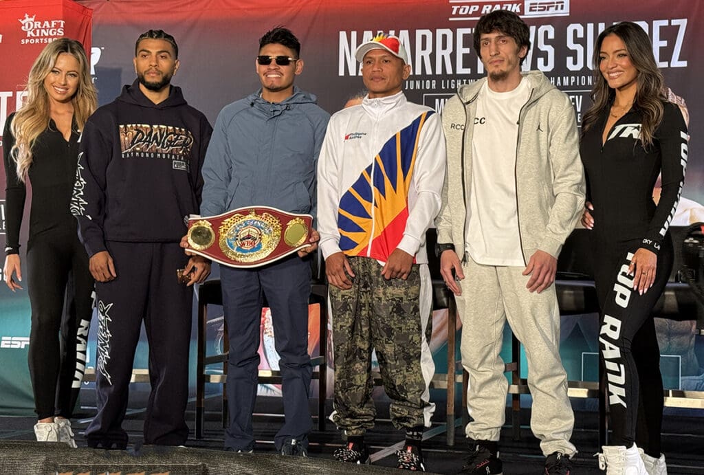 Fighters on the main ESPN card (L to R) Raymond Muratalla, Emanuel Navarrete, Charly Suarez, Zaur Abdullaev. Photo: Gayle Lynn Falkenthal, Top Rank Boxing