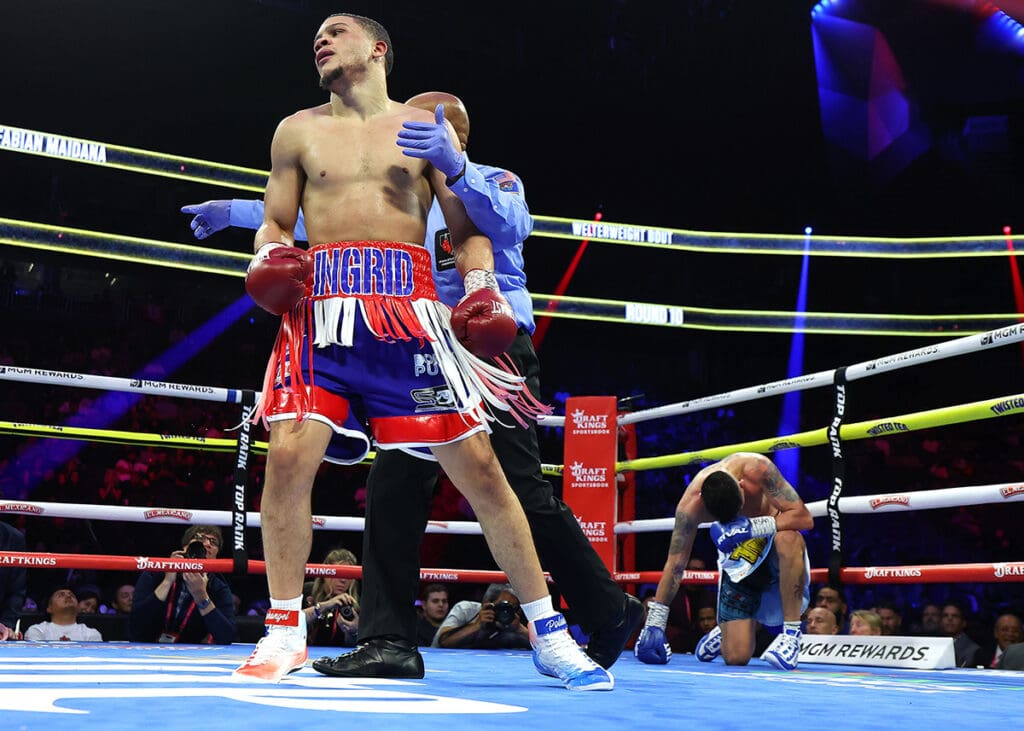 Rohan Polanco came close to a TKO win with a knockdown in the final round. Photo: Mikey Williams, Top Rank Boxing