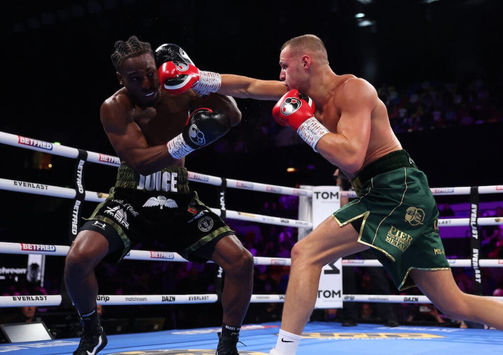 Jimmy Sains wins a dominant decision over Gideon Onyenani for the Southern Area Middleweight Title. Photo: Mark Robinson, Matchroom Boxing.