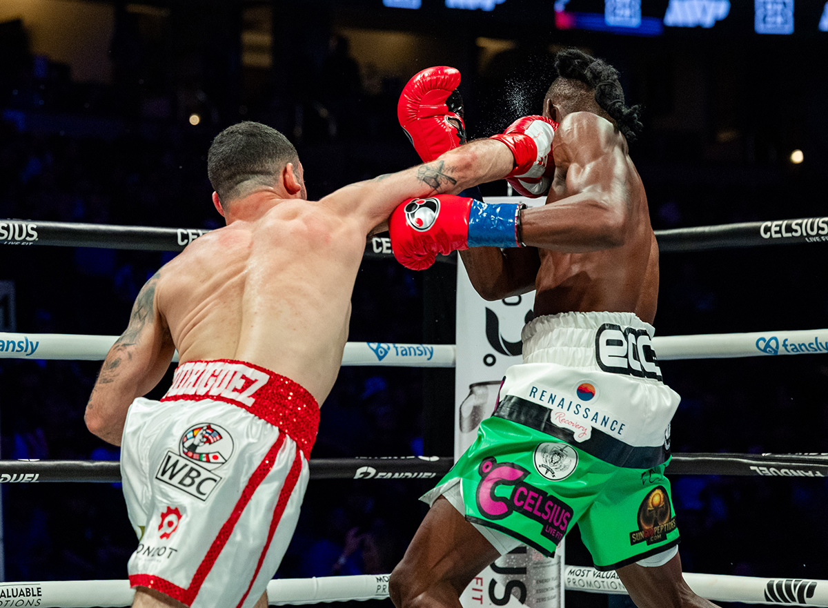 Julian Rodriguez delivers the knockout punch. Photo: Esther Lin, Most Valuable Promotions