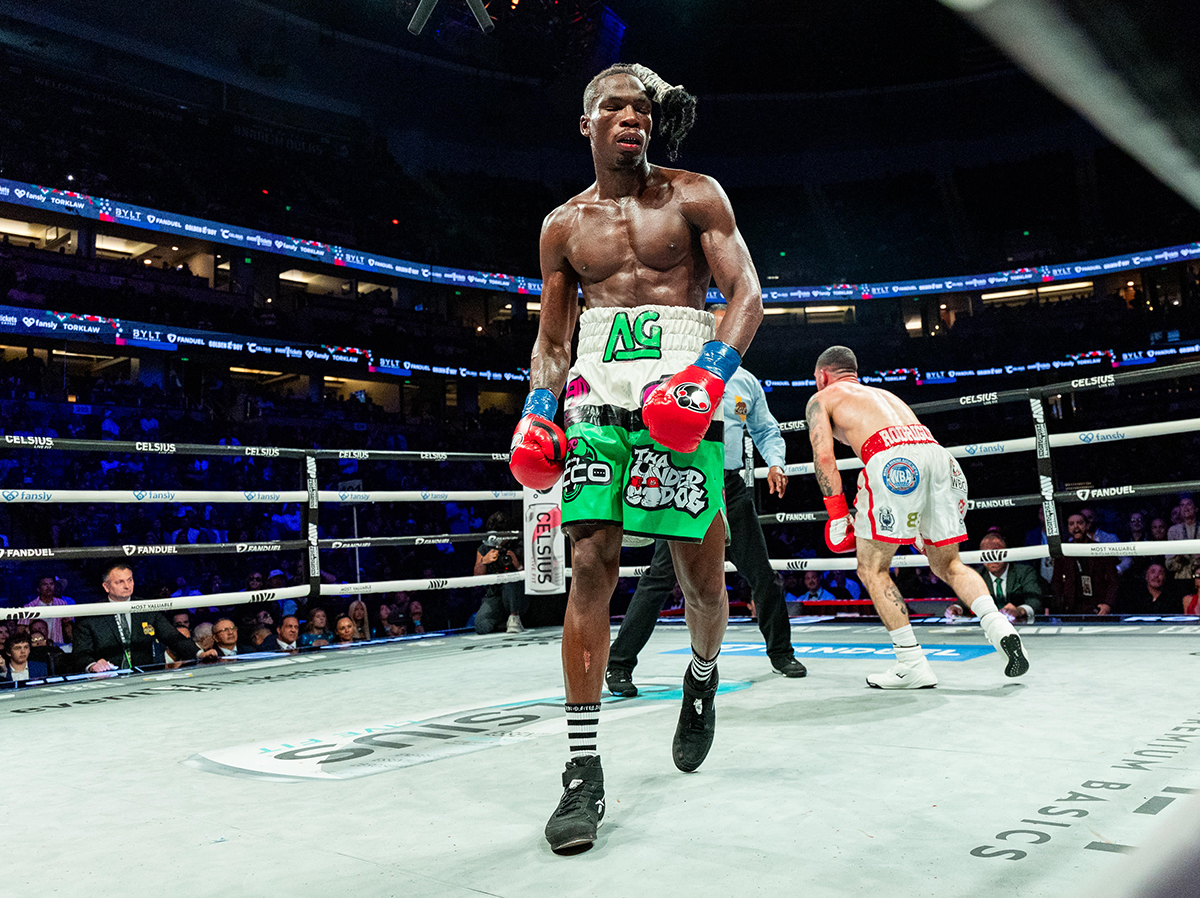 Although Avious Griffin scored the knockdown in round eight, Julian Rodriguez was still winning a narrow competitive fight, but needed the tenth round to win. Photo: Esther Lin, Most Valuable Promotions
