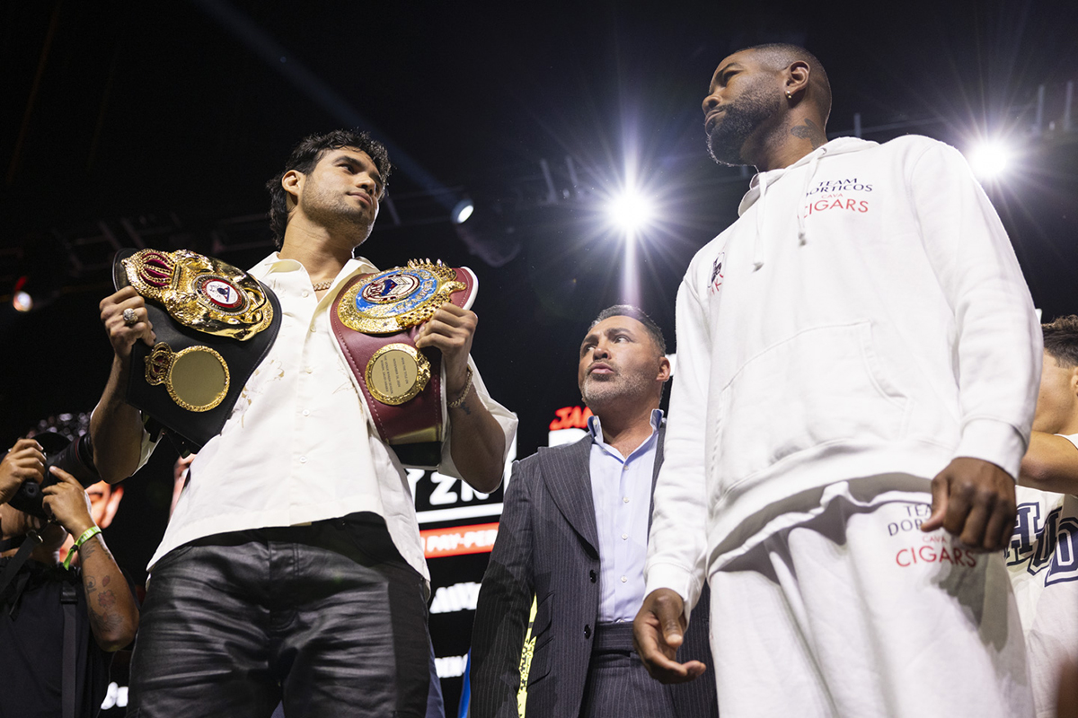 Zurdo Ramirez has flashed his championship belts all during fight week. Photo: Esther Lin, Most Valuable Promotions