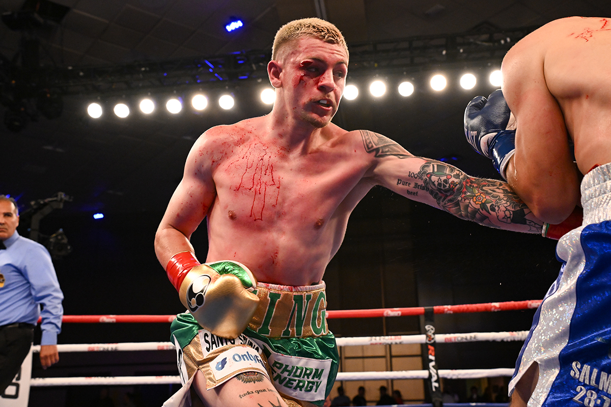 Callum Walsh suffered a nasty cut from a headbutt, forcing his fight to be stopped in the fifth round for a technical decision. Photo: 360 Boxing Promotions