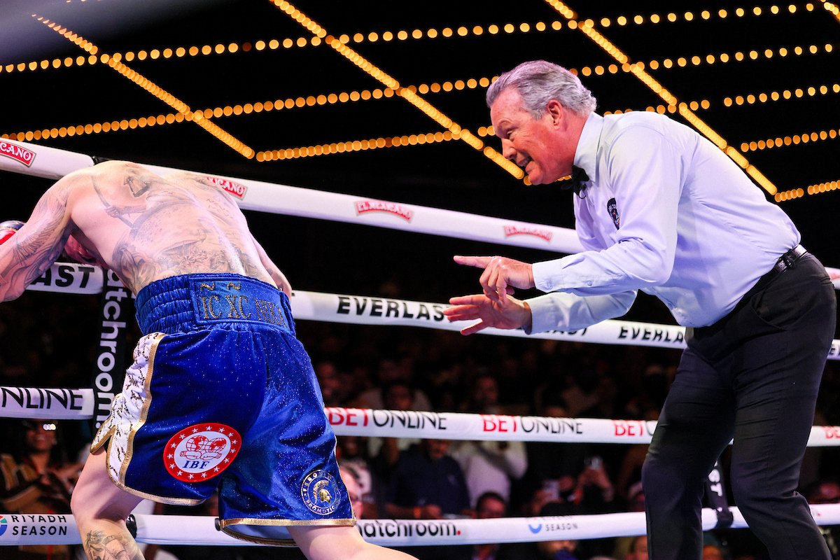 George Kambosos Jr. is as tough as they come, but could not stand up to the offense of Richardson Hitchins. Photo: Geoffrey Knott/Matchroom Boxing
