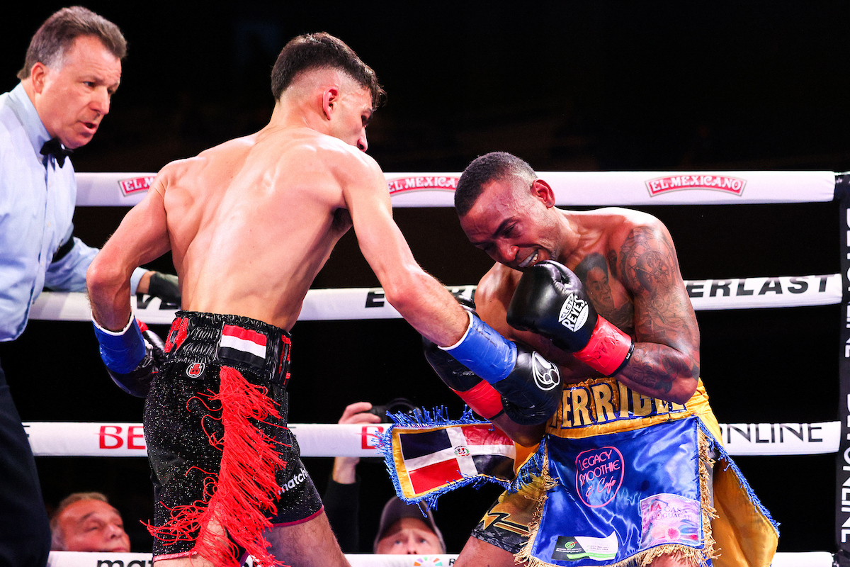 Adam Maca won his pro debut in style, stopping Rafael Castillo. Photo: Geoffrey Knott/Matchroom Boxing