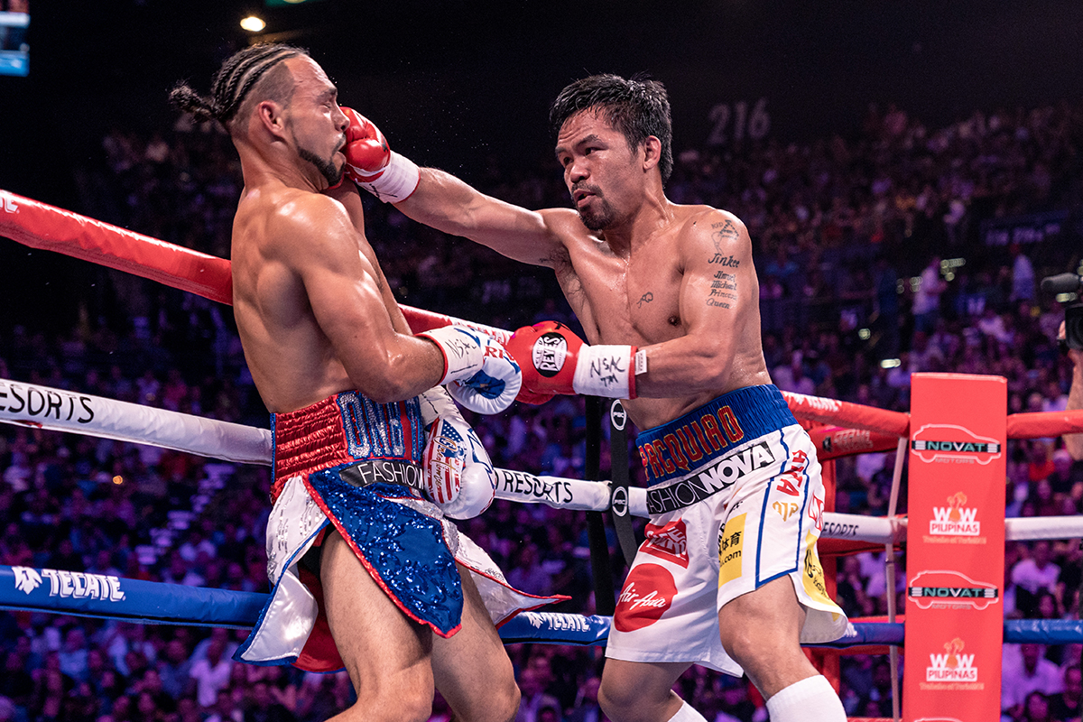 Manny Pacquiao pulled off a shocking split decision over Keith Thurman on July 20, 2019. Photo: Ryan Hafey, Premier Boxing Champions