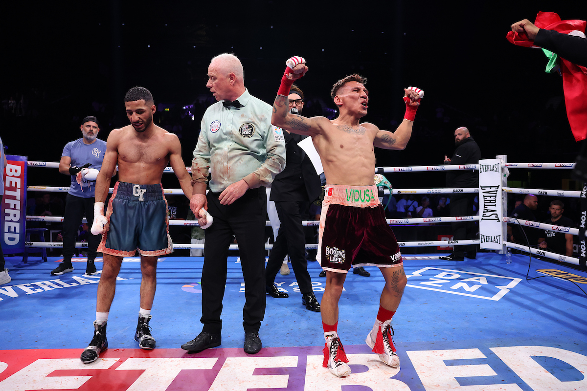 Francisco Rodriguez Jr celebrates his upset victory in England. Photo: Mark Robinson, Matchroom Boxing
