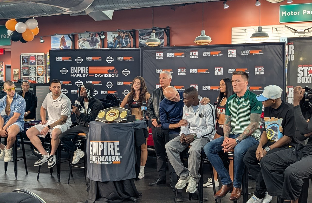 Fighters at the pre-fight news conference (L to R) Austin Cassese, Lou Maietta, Rajon Chance, (Deguardia in the middle) Yan Carlos Perez, Harley Burke, Rodrigo Martin, and Sharif One. Photo: Kelly Pomara for NY Fights