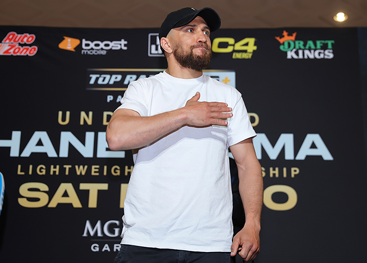 Vasiliy Lomachenko arrives ahead of his return to the ring in May 2023 after serving his country. Photo: Mikey Williams/Top Rank Inc via Getty Images
