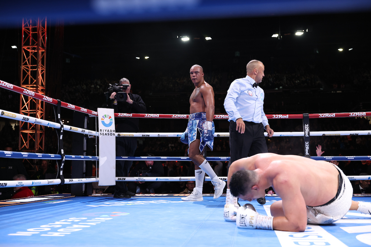 Justis Huni could not beat the count of the referee after the tenth round knockdown. Photo: Leigh Dawney/Queensberry.