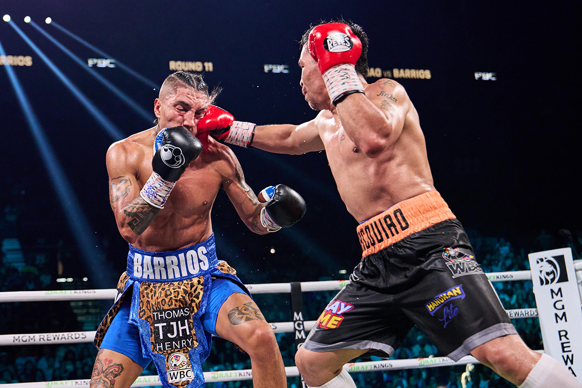 Manny Pacquiao let his jabs fire and set up his swift combination punching. Photo: Esther Lin, Premiere Boxing Champions