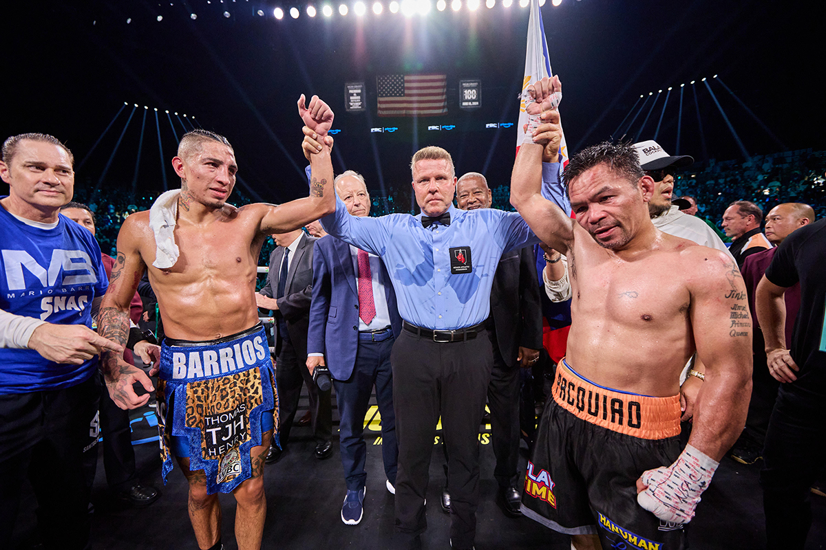 Neither Mario Barrios or Manny Pacquiao were satisfied with a a draw. Photo: Esther Lin, Premier Boxing Champions