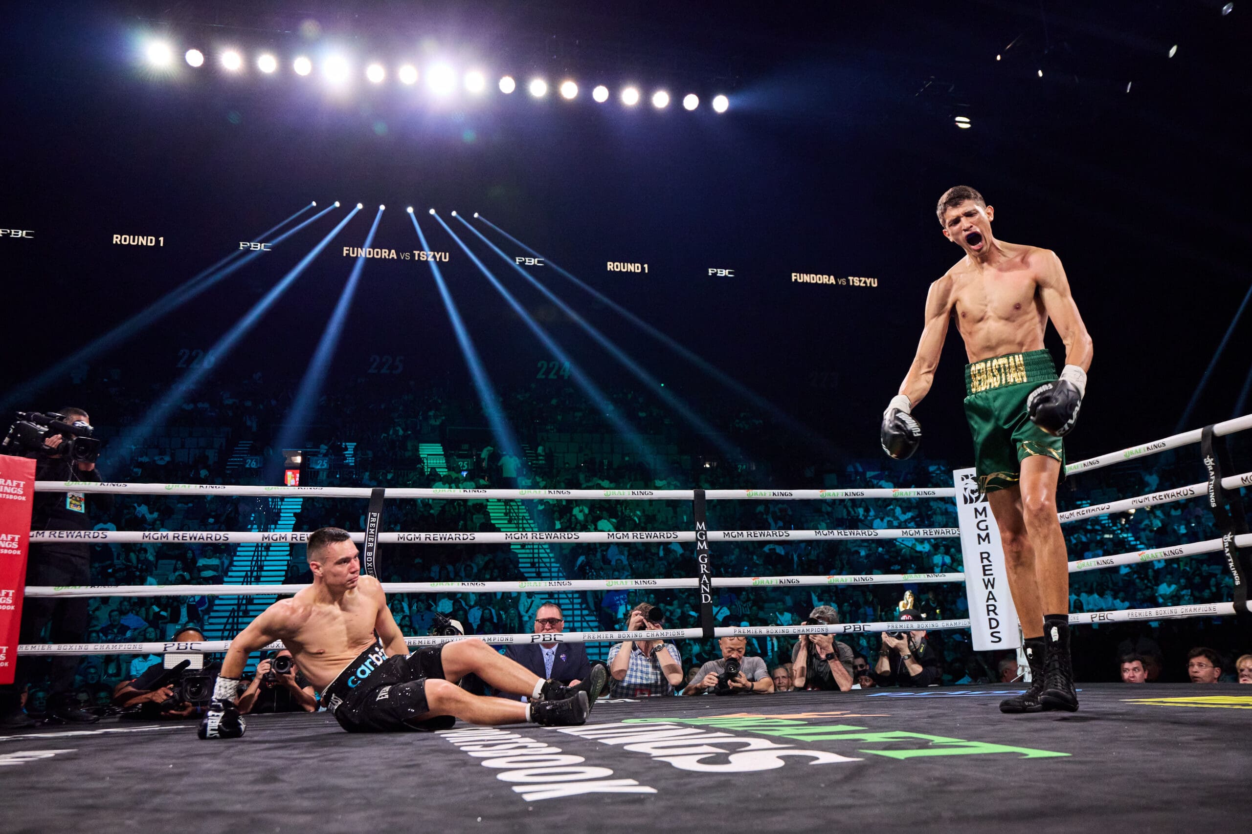 Tim Tszyu found himself on the canvas and already in a hole on the scorecards two minutes into his rematch with Sebastian Fundora. Photo: Esther Lin, Premier Boxing Champions