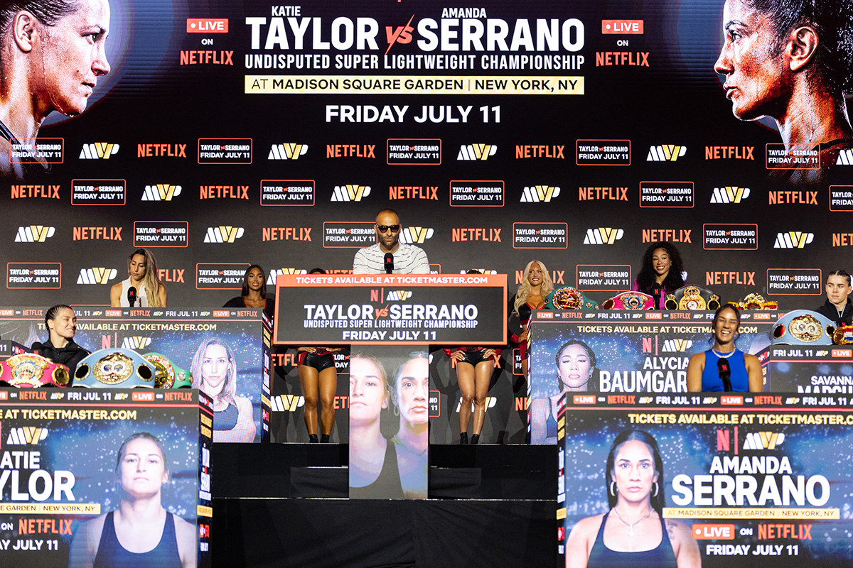 MVP's Nakisa Bidarian got the fighters even more fired up by announcing a $250,000 performance bonus. Photo: Esther Lin, Most Valuable Promotions Taylor Serrano 3