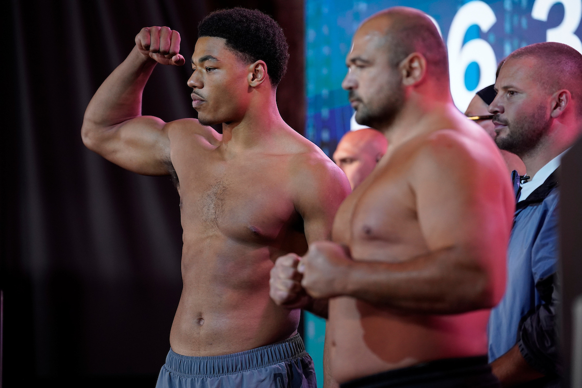 Leo Atang and Milen Paunov weigh in ahead of Atang's pro debut Saturday. Photo: Dave Thompson, Matchroom Boxing