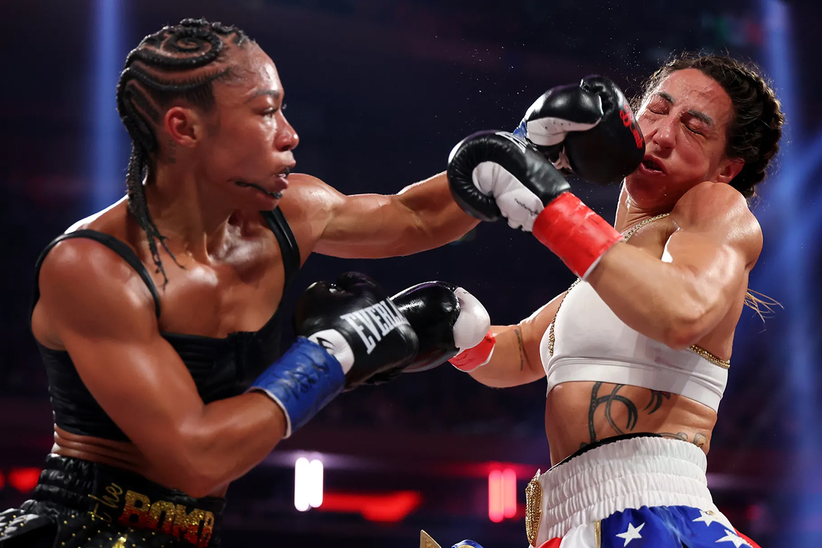 Alycia Baumgardner got a stiff test from Jennifer Miranda but passed it easily. Photo: Al Bello/Getty Images for Netflix