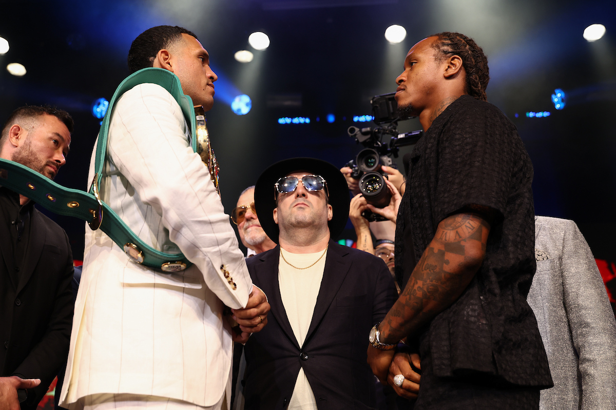 David Benavidez and Anthony Yarde faceoff at their fight announcement. Photo: Ed Mulholland/Queensberry Promotions Night of Champions