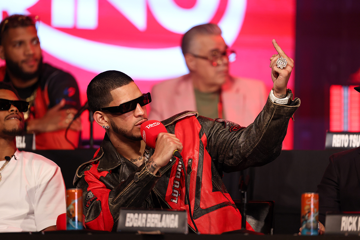 Edgar Berlanga expresses himself at the final pre-fight news conference on Thursday for Ring III. Photo: Golden Boy Boxing