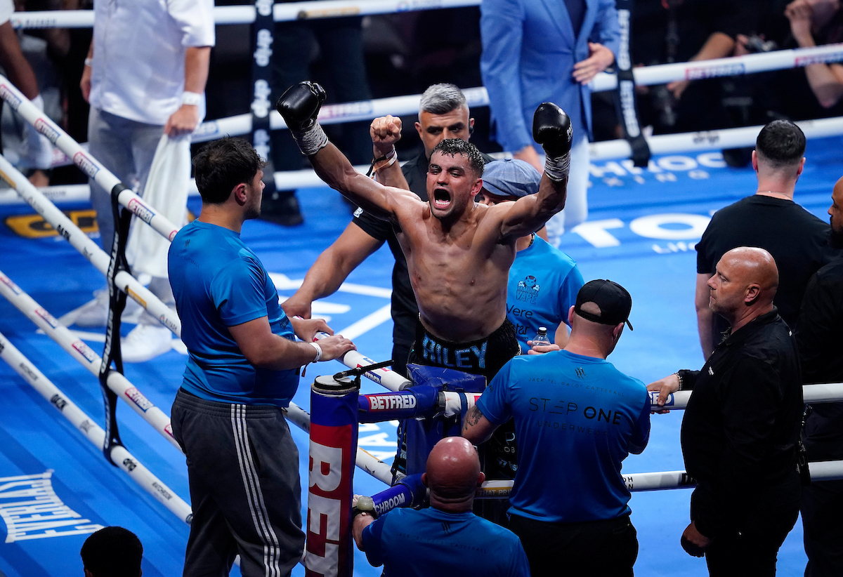 Jack Catterall celebrates his win over Harlem Eubank Saturday in Manchester. Photo: Dave Thompson, Matchroom Boxing