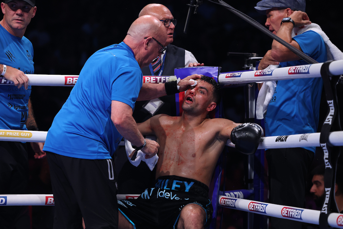 Veteran cutman Kerry Kayes did his best, but the cut was too severe. Photo: Mark Robinson, Matchroom Boxing
