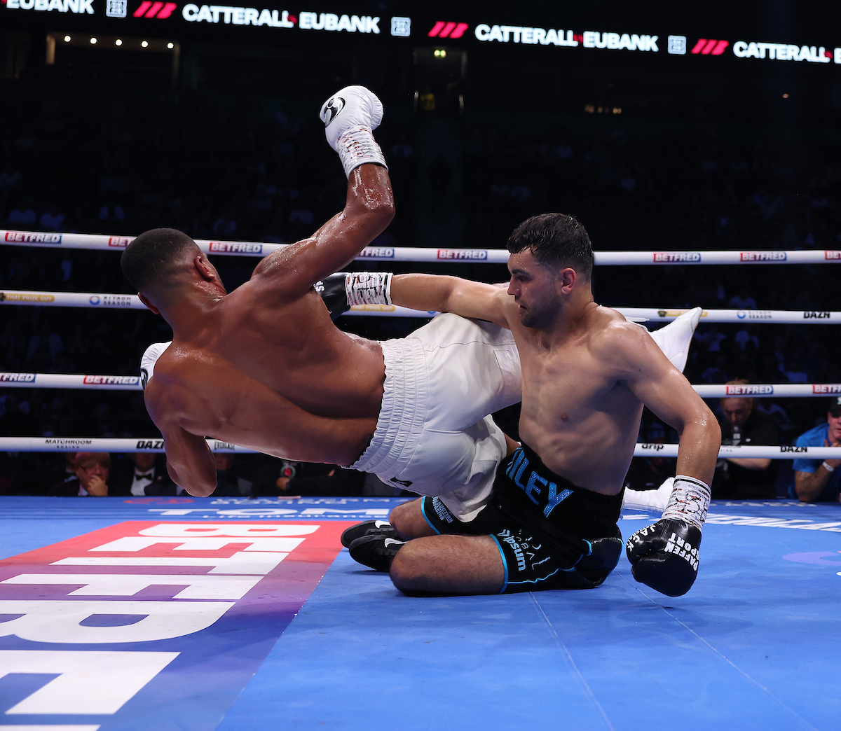 The awkward attack from Harlem Eubank caused several bad falls to the canvas. Photo: Mark Robinson, Matchroom Boxing