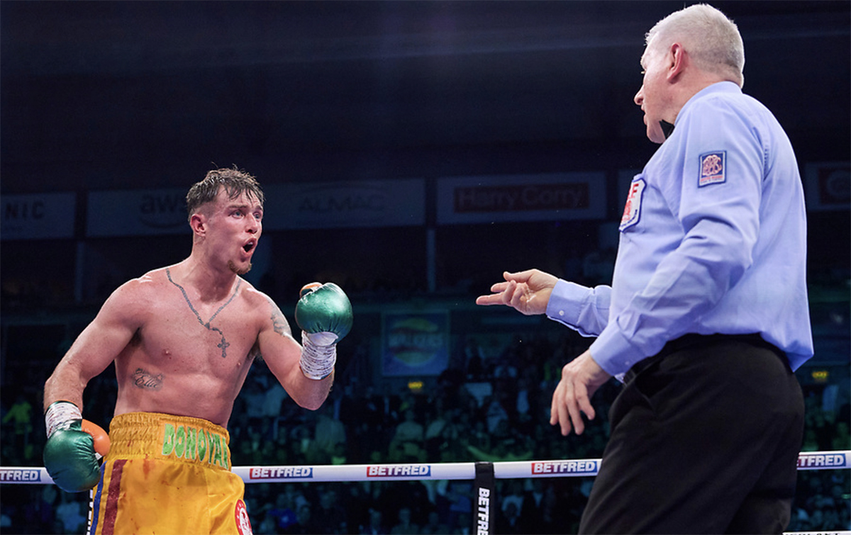 Referee Marcus McDonnell deducted one point in both the sixth and eighth rounds against Paddy Donovan for use of his head. He was disqualified for flooring Crocker after the bell in the eighth round. Photo: Matchroom Boxing