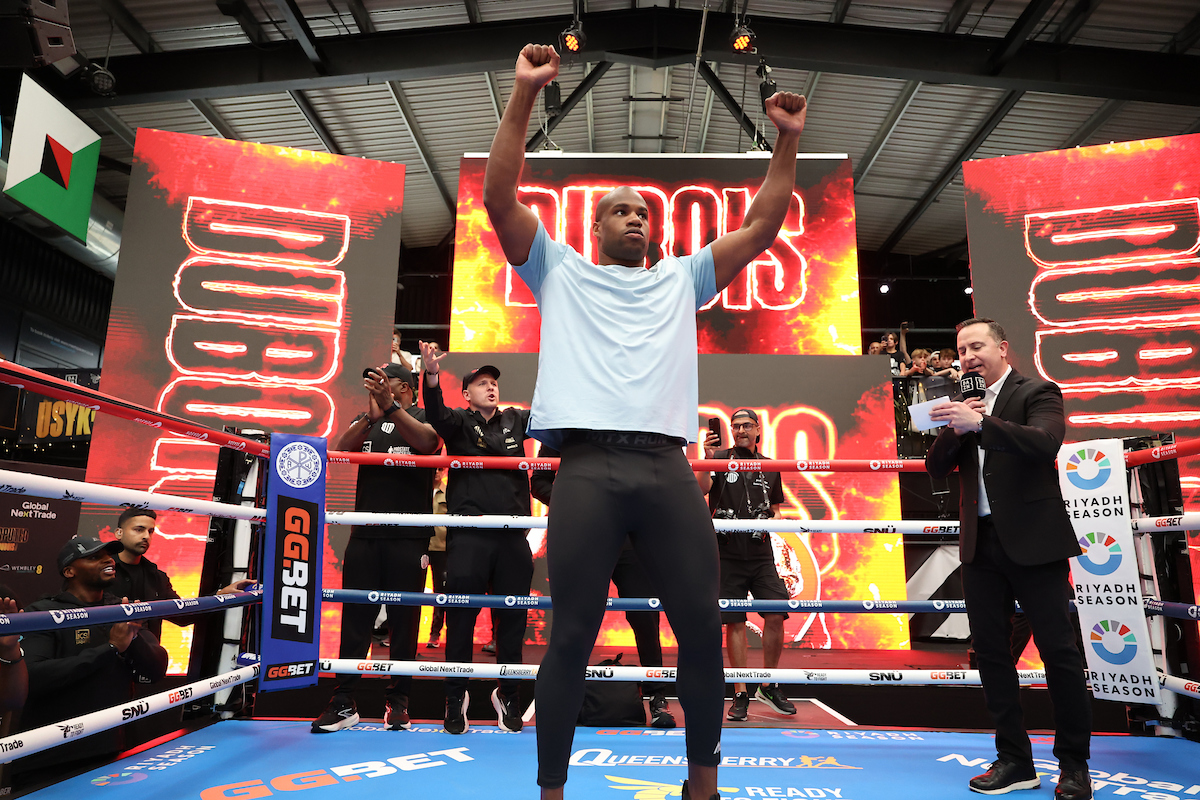 Daniel Dubois had his game face on Wednesday at Box Park, Wembley, London for fight week workouts. Photo: Leigh Dawney/Queensberry Usyk Dubois 2