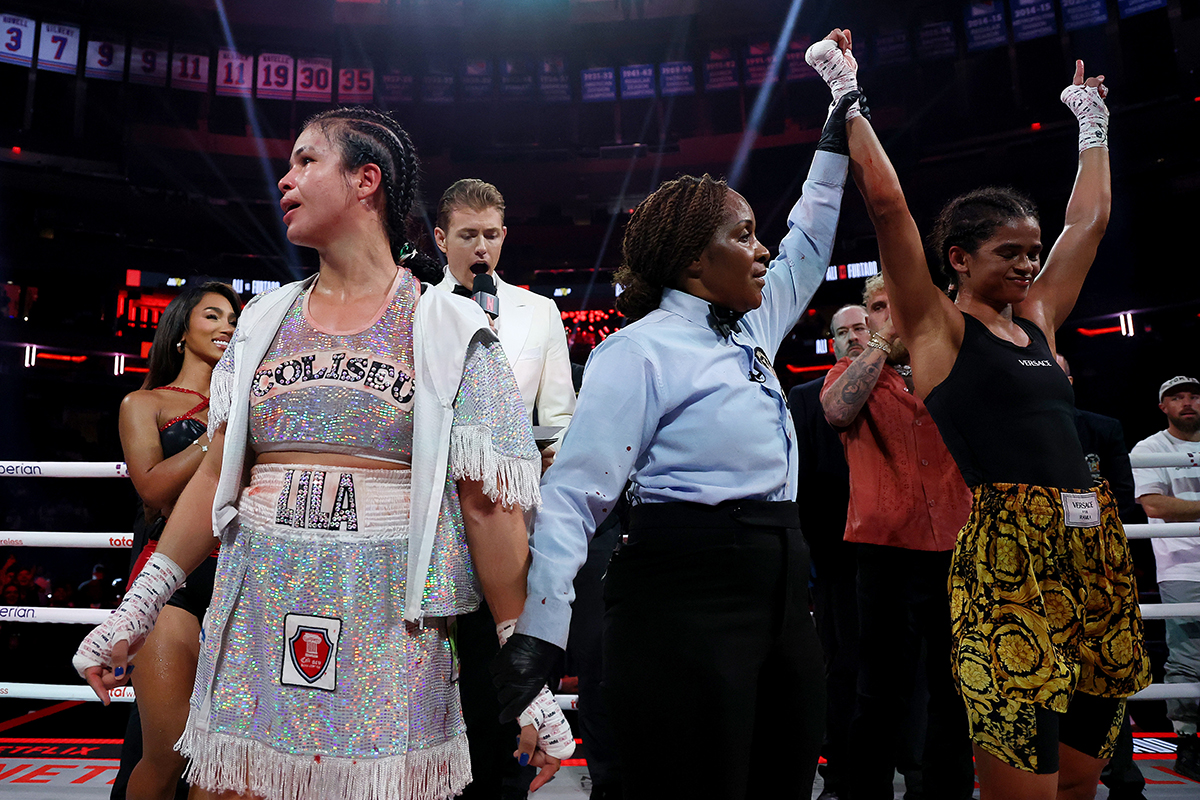 Ramla Ali celebrates while Lila Furtado reacts in disbelief in their super bantamweight bout at Madison Square Garden. Photo: Sarah Stier/Getty Images for Netflix Cherneka Johnson