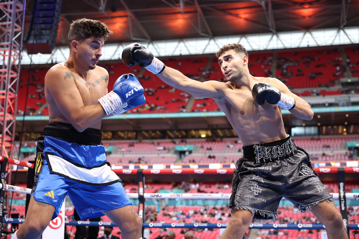 Aadam Hamed won his sixth fight on the early undercard at Wembley Stadium. Photo: Leigh Dawney/Queensberry Usyk