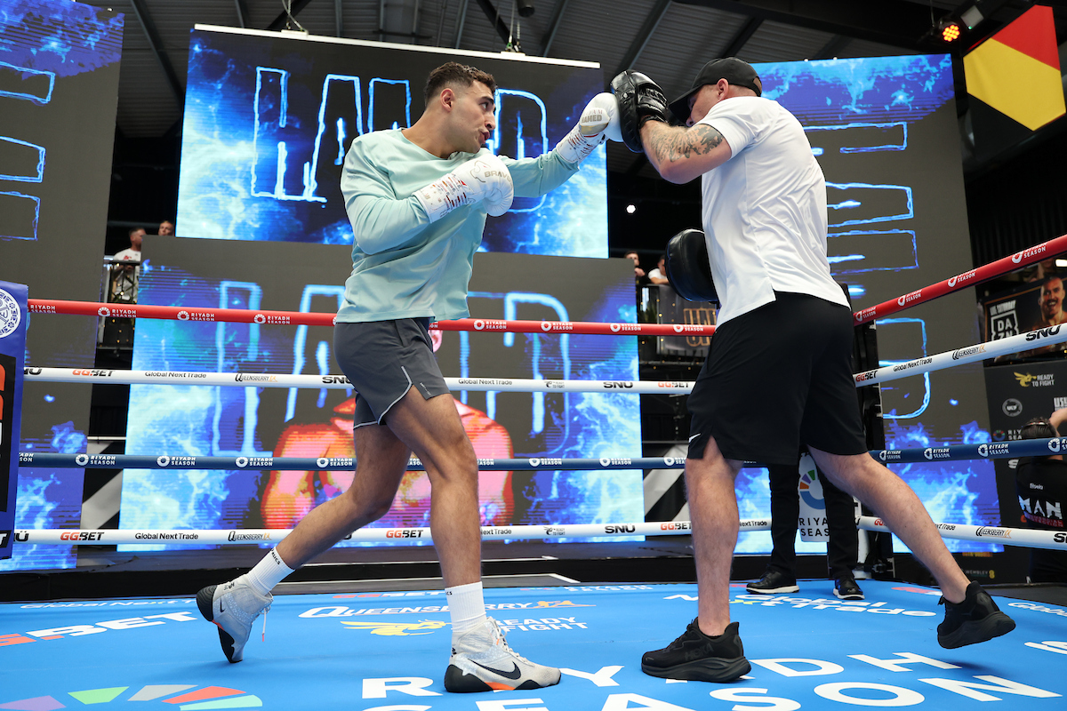 Aadam Hamed performs for fans at this week's media workout in London. Photo: Leigh Dawney/Queensberry