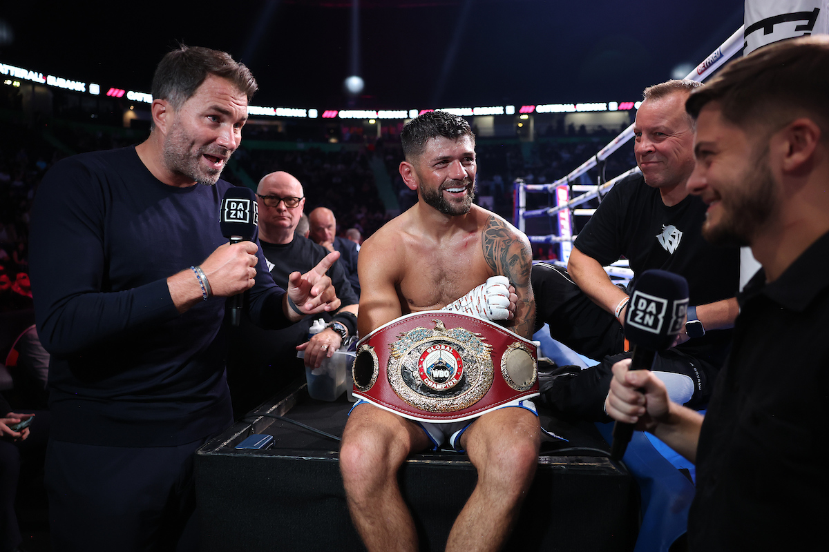 Eddie Hearn, Joe Cordina, and trainer Gary Lockett assess his efforts Saturday. Photo: Mark Robinson, Matchroom Boxing