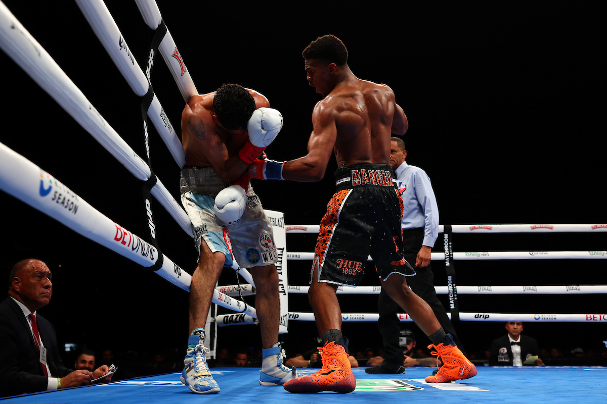 Omari Jones drilled Alfredo Rodolfo Blanco to the body, leaving him in pain on the canvas. Photo: Melina Pizano/ Matchroom